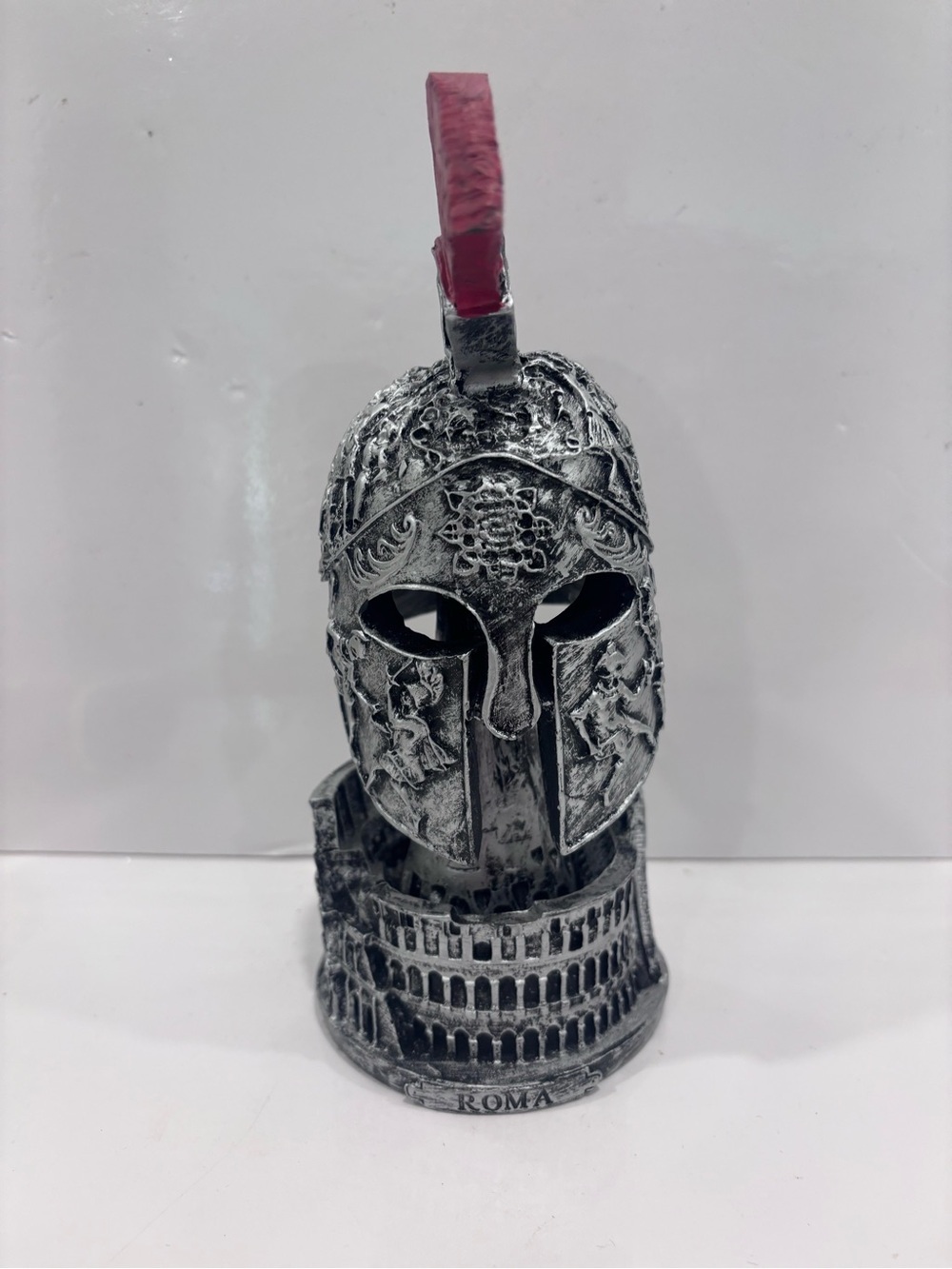 Silver Roman Gladiator Helmet Collectible with Red Crest pen holder bobblehead